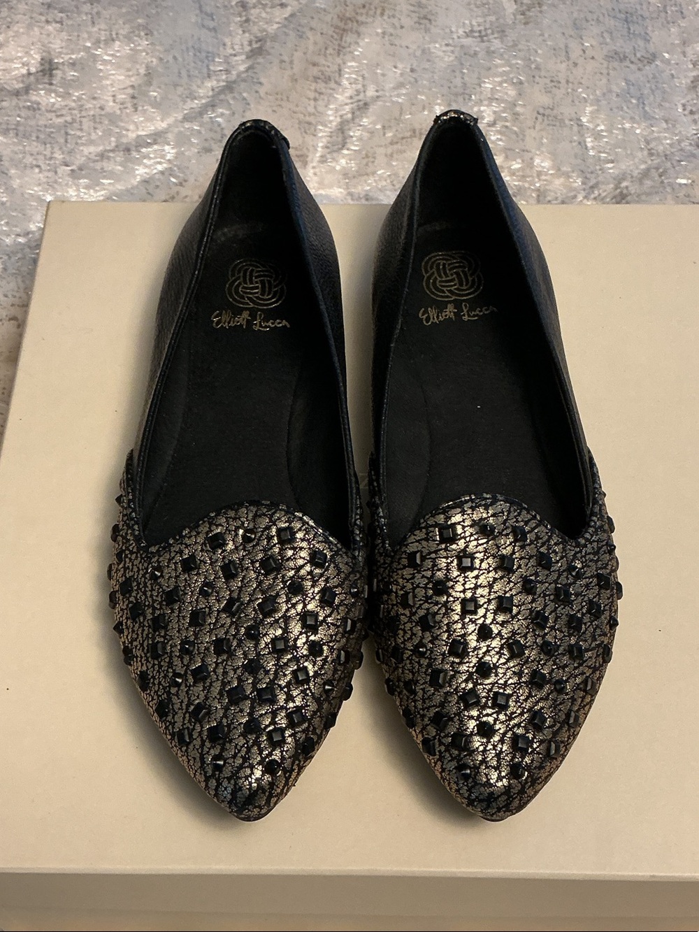 Elliott Lucca Black and Gold Metallic Pointed Toe Flats